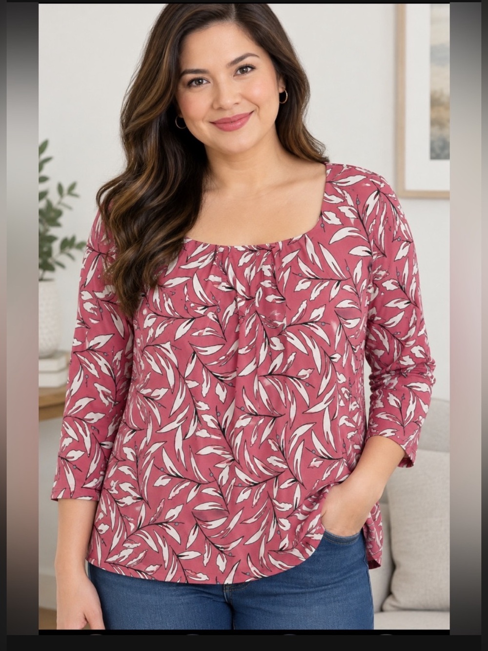 Grayson Women's Rose Pink Printed Square-Neck Top Wrinkle Free XL